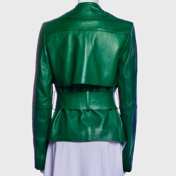 Mugler - Belted Leather Biker Jacket - Emerald Size 38 FR, 6-8 US - Picture 9 of 12